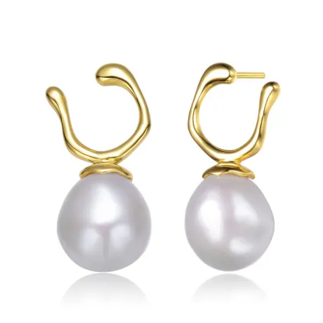 Genevive Sterling Silver 14k Gold Plated with Genuine Freshwater Pearl Hook Earrings