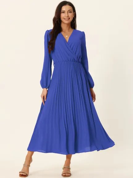 Allegra K- Pleated Puff Long Sleeve V Neck Belt Waist Midi Dress