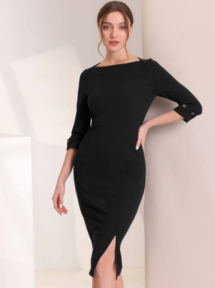 Allegra K- Boat Neck 3/4 Sleeves Midi Split Sheath Dress