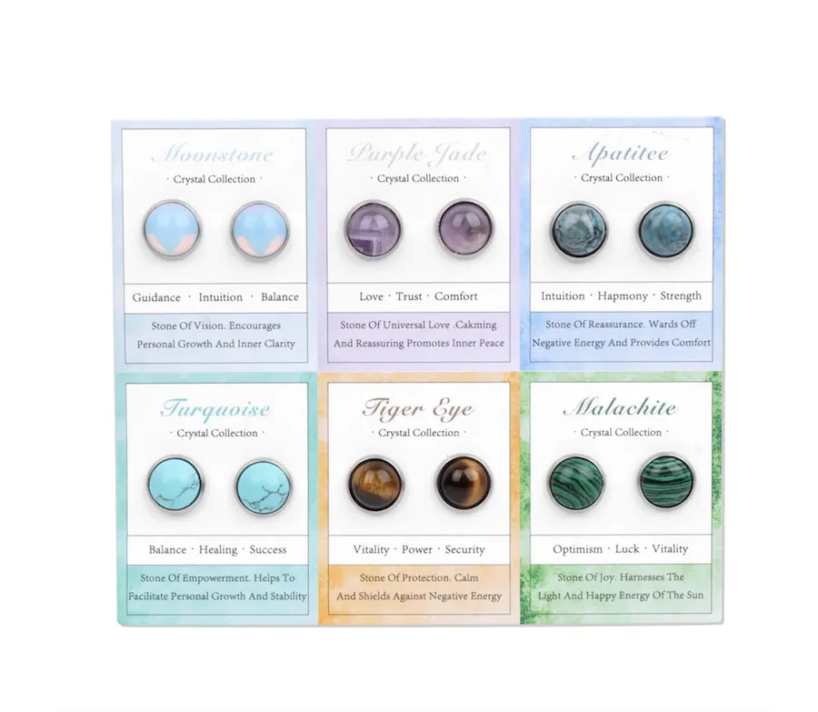 Gemstone Set of 6 Circular Stud Earrings: Moonstone, Purple Jade, Apatite, Turquoise, Tiger's Eye & Malachite by Don't AsK