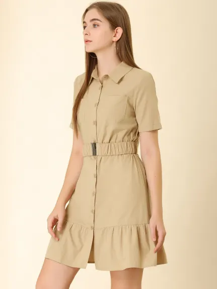 Allegra K- Ruffled Hem Belted Button Up Mini Dress