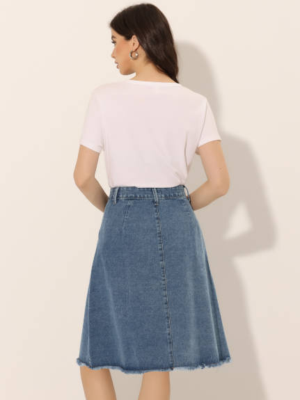 Allegra K- Raw Hem Button Down Denim Skirt