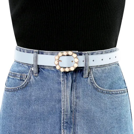 Allegra K- Pearl Waistband Skinny Leather Pin Buckle Belt