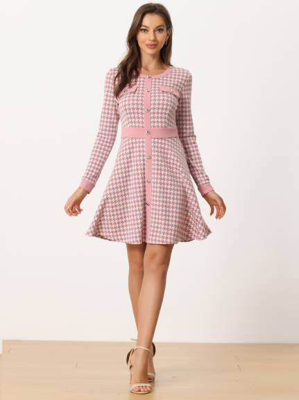 Allegra K- Houndstooth Plaid Contrast Color Crew Neck Button Front Dress