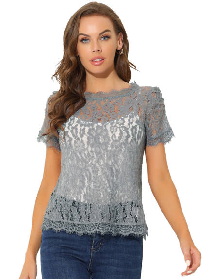 Allegra K- Lace Floral Scalloped Trim Semi Blouse