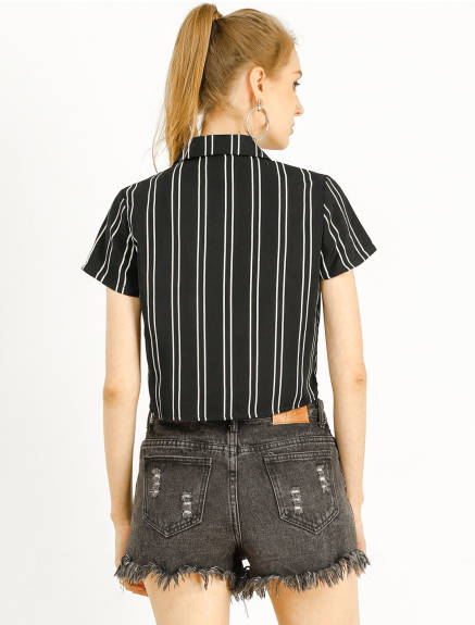 Allegra K- Striped Short Sleeve Tie Front Crop Shirt