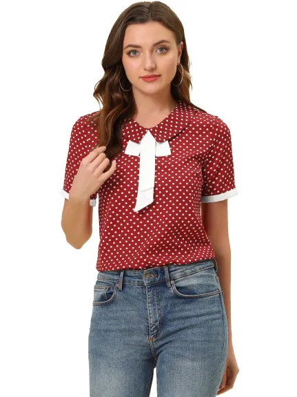 Allegra K- Polka Dots Blouse Contrast Tie Shirt