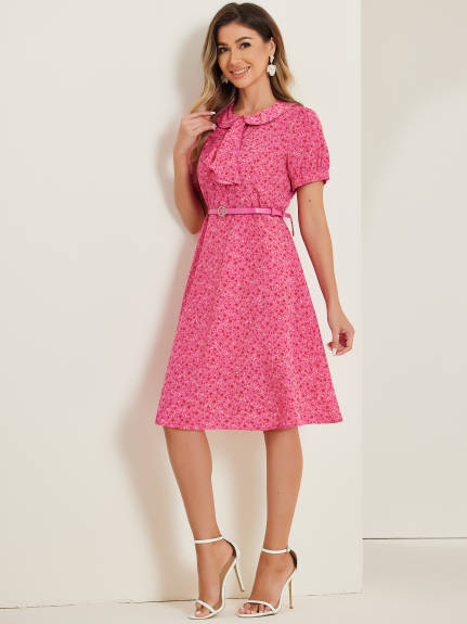 Allegra K- Peter Pan Collar Tie Neck Belted Floral Dress