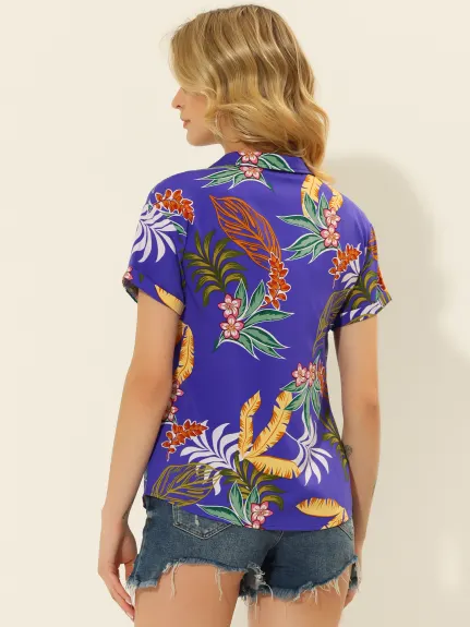 Allegra K- Beach Tropical Floral Leaves Button Down Shirt