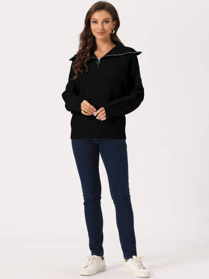 Allegra K - Long Sleeve V-Neck Zip Pullover Sweater