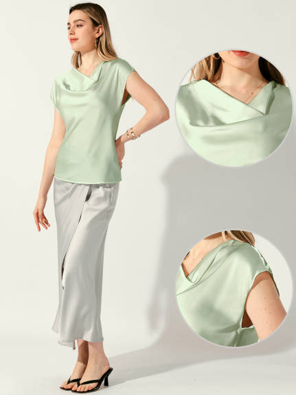 Allegra K - Cowl Neck Short Sleeve Satin Top