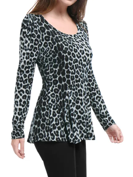 Allegra K- Leopard Print Scoop Neck Long Sleeve Peplum Blouse