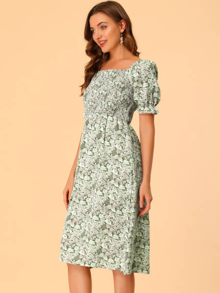 Allegra K- Square Neck Puff Sleeves Midi Smocked Floral Dress