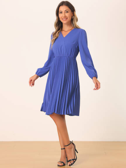 Allegra K - V Neck Puff Long Sleeve Pleated Dress