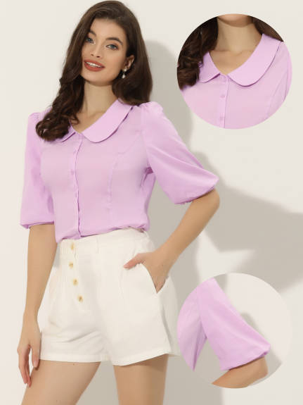 Allegra K- Sweet Short Bubble Sleeve Peter Pan Collar Top