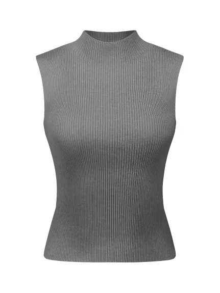 Hobemty- Mock Neck Sleeveless Knitted Ribbed Top