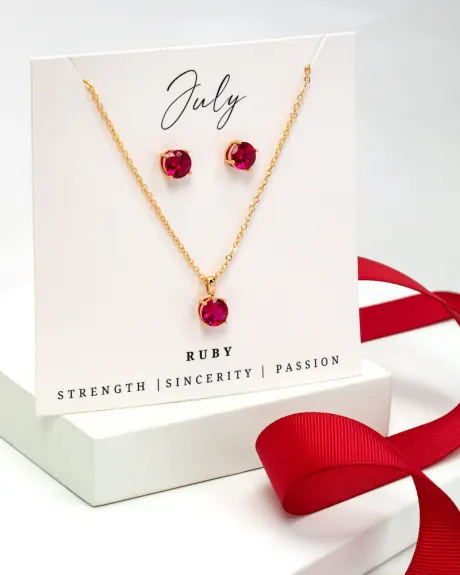 Goldtone July Ruby Birthstone CZ Earring & Necklace Set