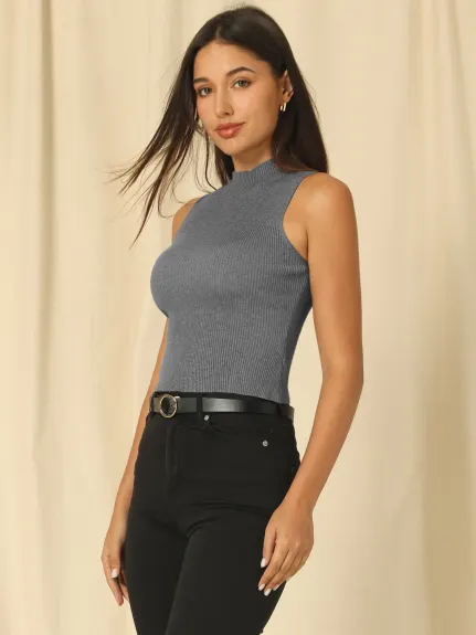 Hobemty- Mock Neck Sleeveless Knitted Ribbed Top