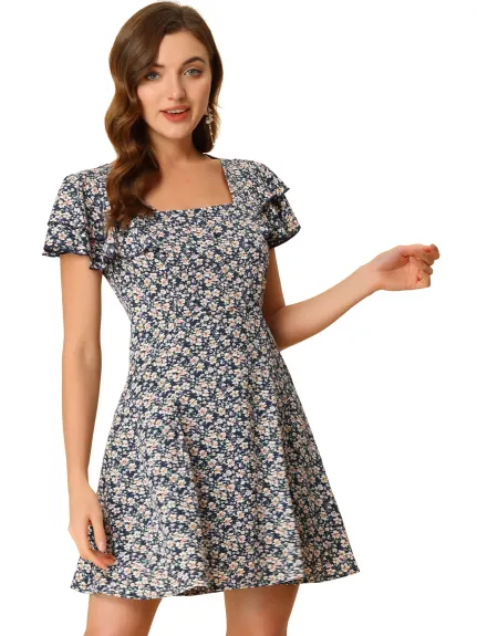 Allegra K- Robe évasée florale plissée à col carré pour femme