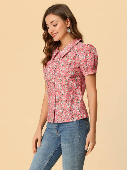 Allegra K- Puff Sleeve Turndown Collar Floral Blouse