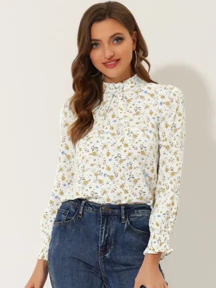 Allegra K- Ruffled Mock Neck Smocked Printed Blouse