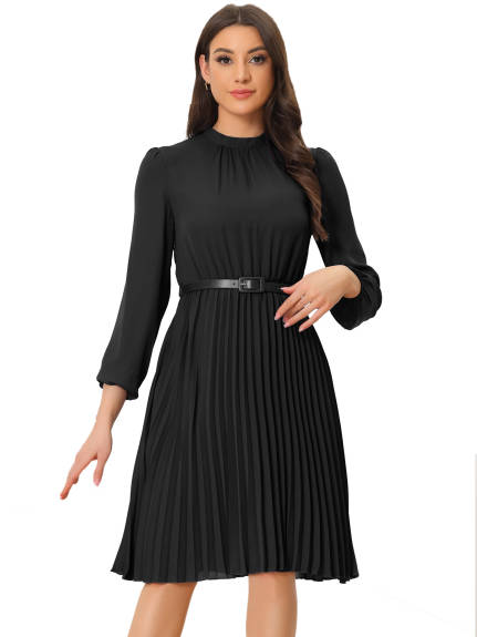 Allegra K- Elegant Long Sleeve Pleated Midi Shirt Dress