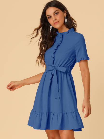 Allegra K- Cotton Fit and Flare Belted Button Front Ruffled Dress