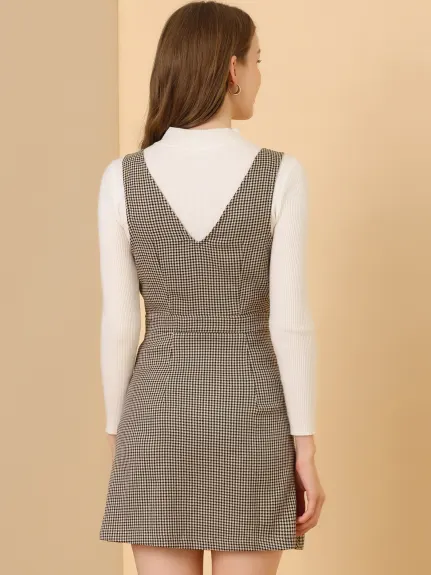 Allegra K- Overalls V-Neck Plaid Houndstooth Pinafore Dress