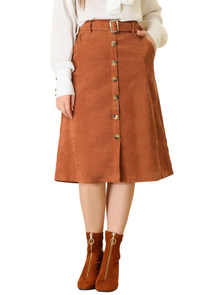 Allegra K - Button Front A-Line Belted Corduroy Skirt