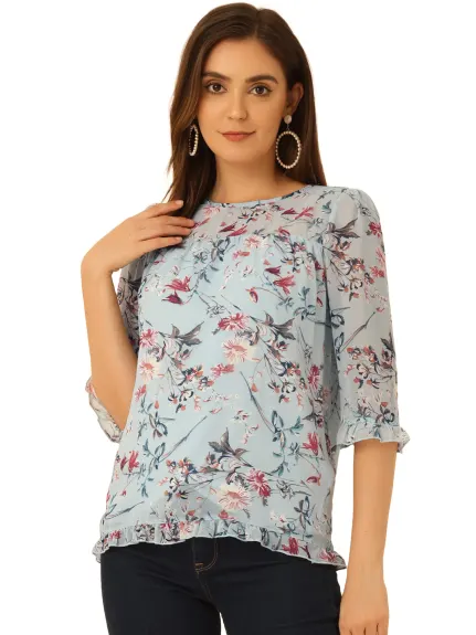 Allegra K- Blouse florale en mousseline à manches 3/4 et à volants