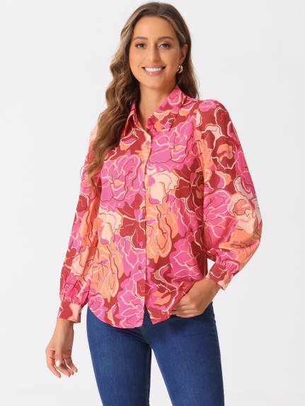 Allegra K - Floral Print Long Puff Sleeve Shirt