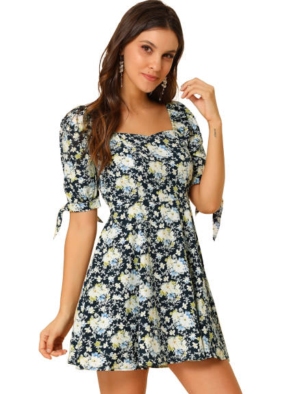 Allegra K- Floral Sweetheart Neck Flare A-Line Mini Dress