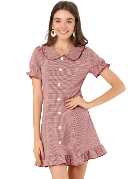 Allegra K- Plaid Gingham Ruffled Retro Peter Pan Collar Dress