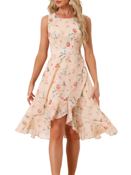 Allegra K- Ruffle Hem Smock Back Waist Floral Wrap Dress