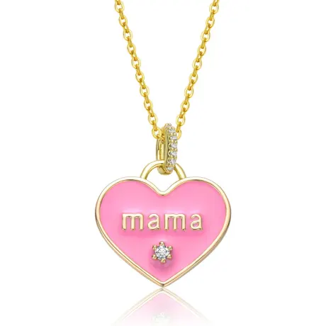 Rachel Glauber 14k Gold Plated with Clear Cubic Zirconia MAMA Pink Enamel Heart Pendant Layering Necklace