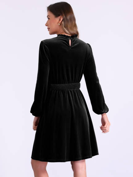 Allegra K - Velvet Smocked Waistline Long Sleeve Dress