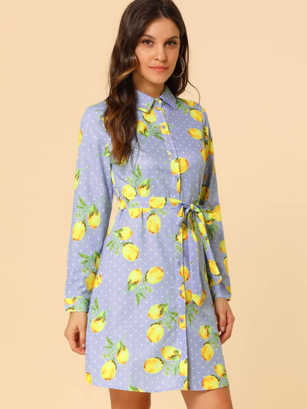 Allegra K- Lapel Button Down Belted Floral Shirt Dress