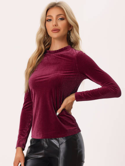 Allegra K- Mock Neck Long Sleeve Ribbed Knit Velvet Blouse