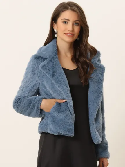 Allegra K- Notch Lapel Faux Fur Fluffy Cropped Coat