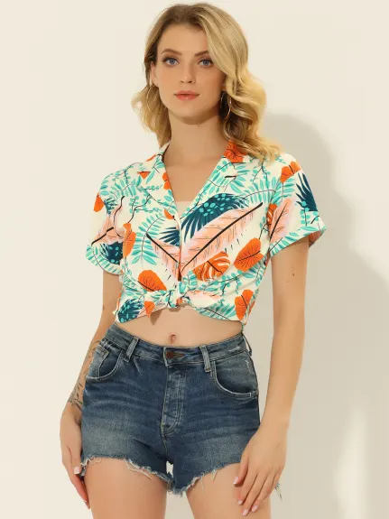 Allegra K- Beach Tropical Floral Leaves Button Down Shirt