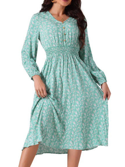 Allegra K - Floral V-Neck Long Sleeve Midi Dress