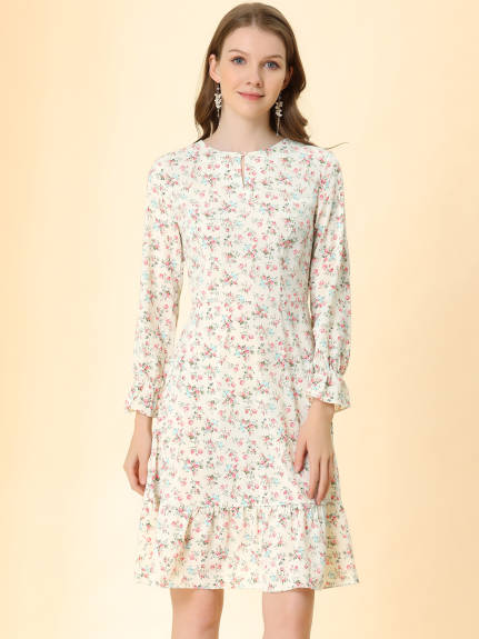 Allegra K- Printed Long Sleeves Ruffle Hem Dress