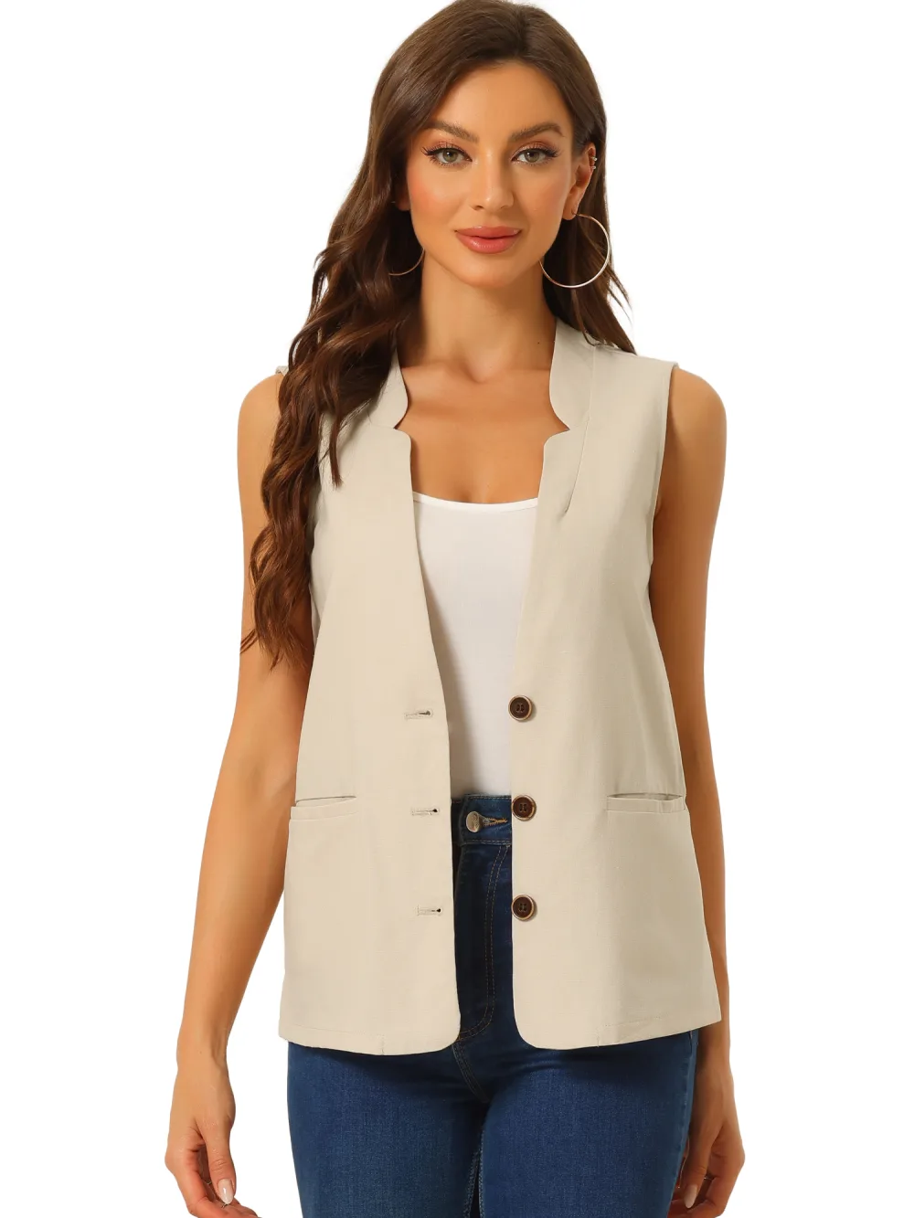 Allegra K- veste col V coton lin