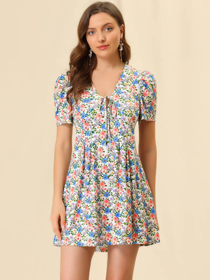 Allegra K- Floral Short Sleeves Flare Dress