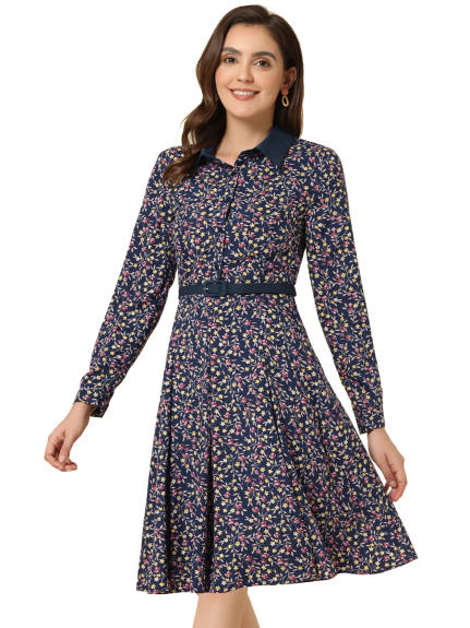 Allegra K- Floral Contrast Collar Belted Long Sleeve Retro Dress