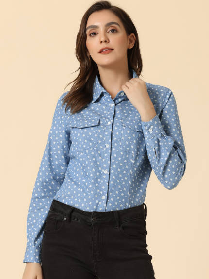 Allegra K- Denim Poplin Point Collar Shirt