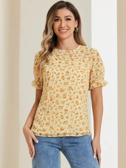 Allegra K- Blouse florale en mousseline à volants