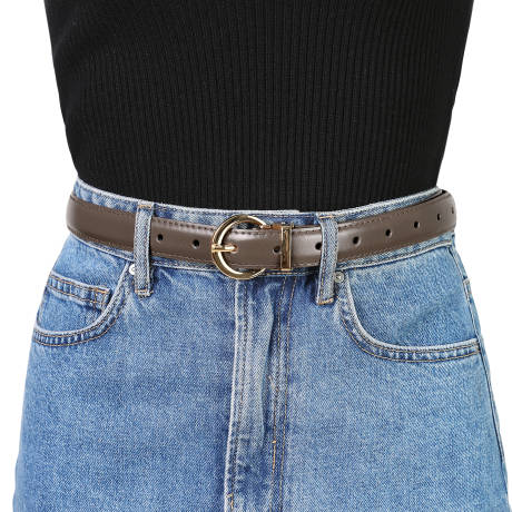 Allegra K- Skinny Faux Leather Belt O Ring Metal Buckle Thin Waist