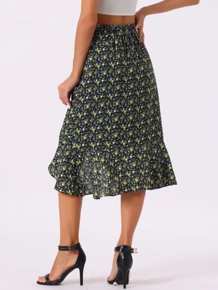 Allegra K- Drawstring Asymmetrical Ruffled Midi Skirt