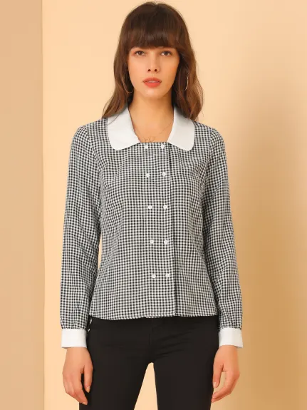 Allegra K - Vintage Contrast Collar Gingham Shirt